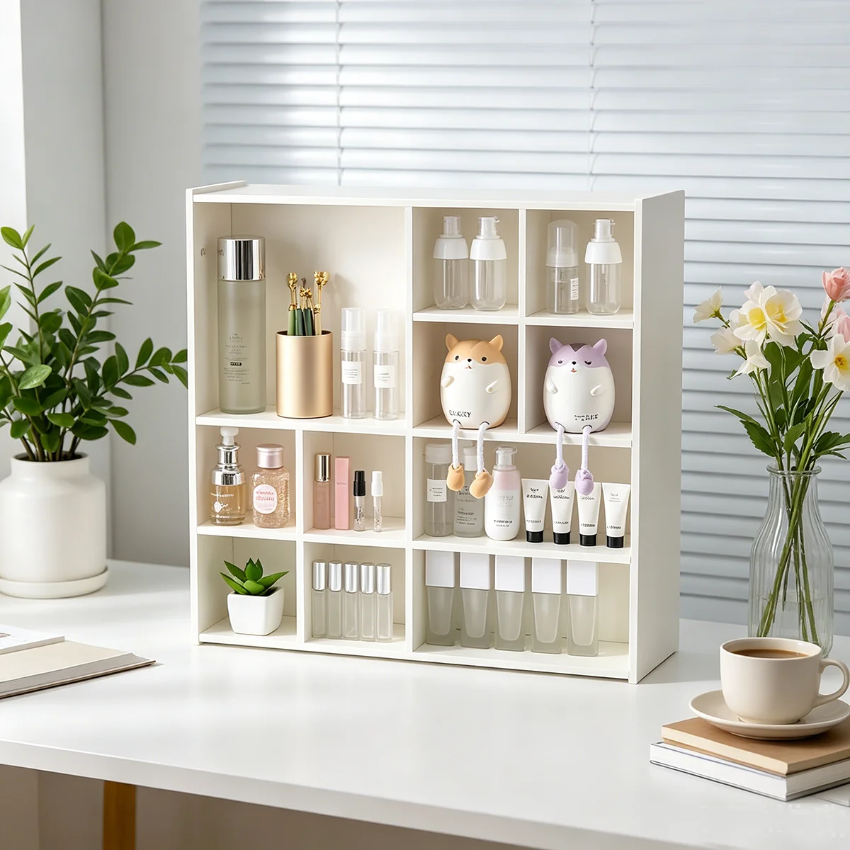 

11 Grids White Desk Organizer, Multi-Purpose Storage Shelf for Cosmetics & Stationery
