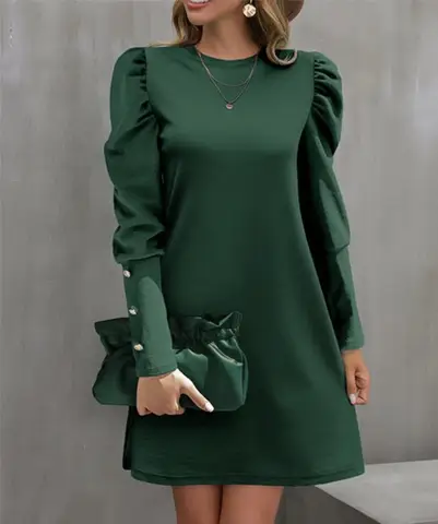 2025 Spring and Autumn New Round Neck Bubble Sleeve Button Decorative Long Sleeve Dress