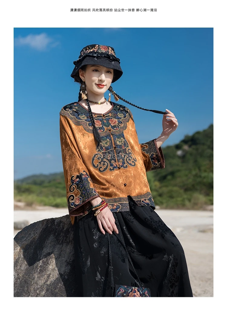 

2025 new chinese ethnic style patchwork embroidered satin jacquard women coat long sleeve v-neck loose retro tang suit blouse t1