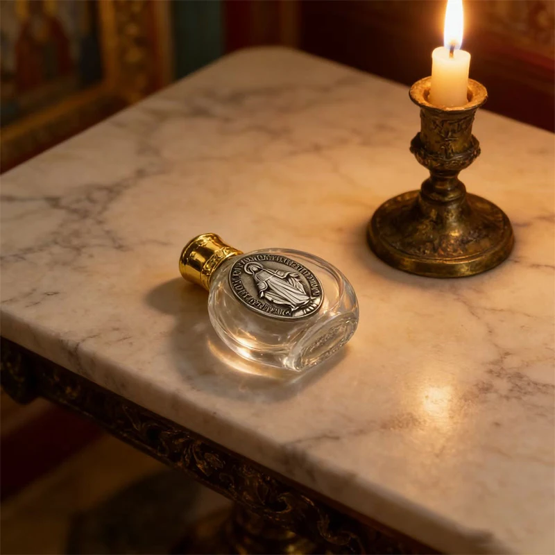 Immagine 3: Nuova Mini Bottiglia in Vetro per Acqua Santa con Tappo Dorato e Medaglia della Vergine Maria per Preghiera Ortodossa e Cattolica, Regalo per la Fede Cristiana