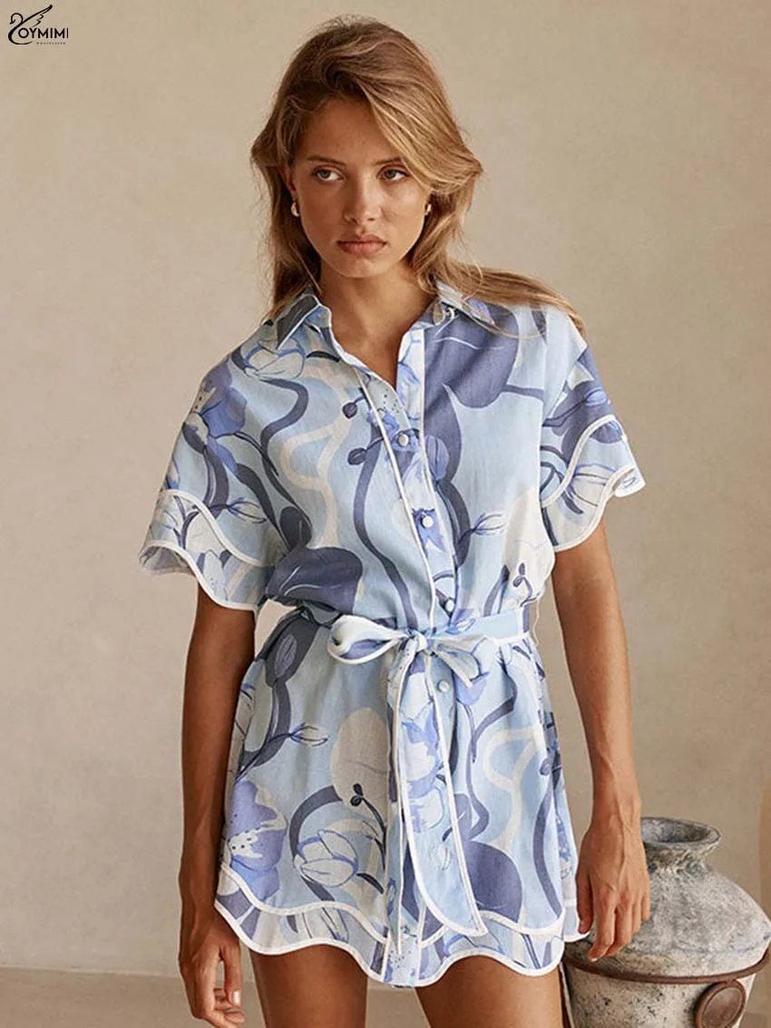 

Oymimi Fashion Blue Print Women's Shirt Elegant Lapel Short Sleeve Lace-Up Blouses Summer New Single Breasted Patchwork Shirts