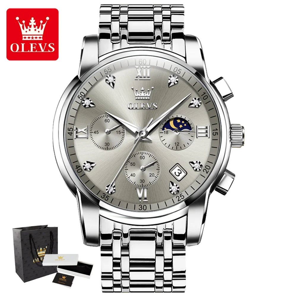 OLEVS 2858 Quartz Watch for Men Classic Three Eye Chronograph Small Dial 24 Hour Moon Phase Luxury Original Men's Watches Gifts