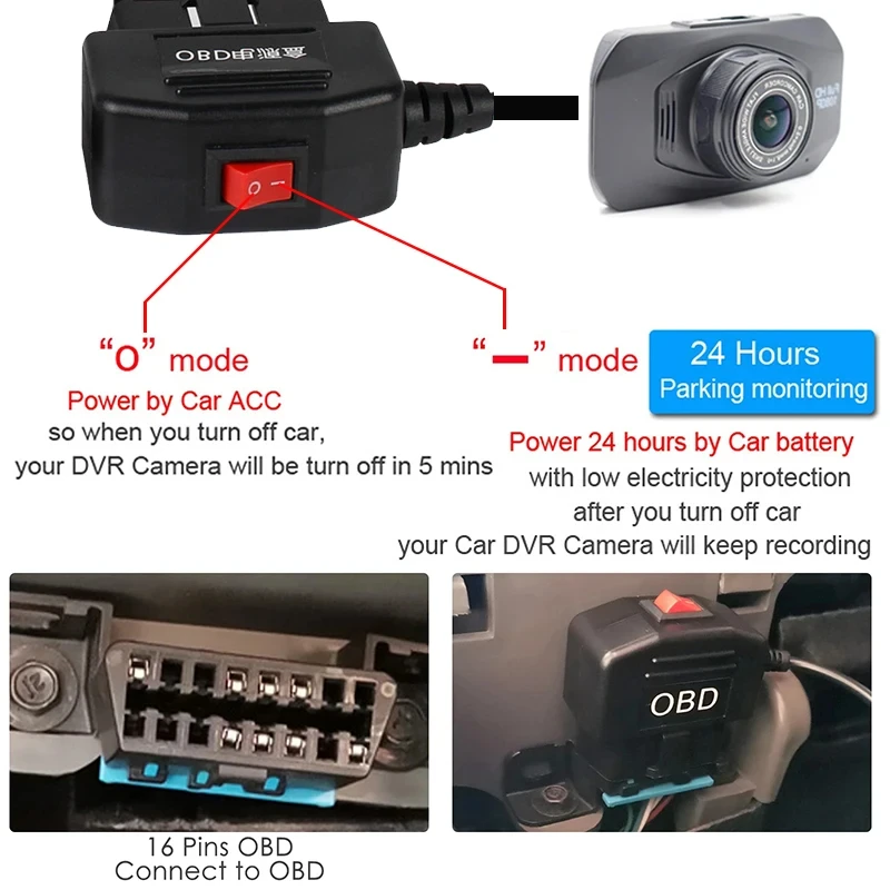 Car DVR Hardwire Kit for Low Vol Protection 5V 3A USB Port Car Charge Cable OBD Dashcam 24H Parking Monitoring Car Accessory