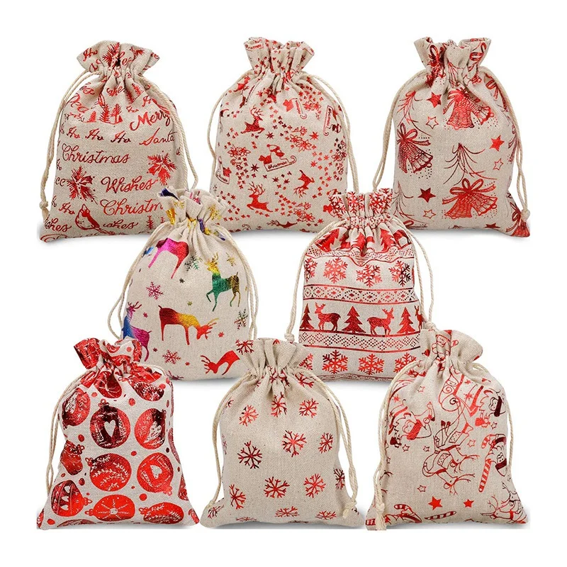 Bolsas de regalo de arpillera con cordón para Navidad, 16 piezas, envoltorio para dulces, suministros para fiestas de Navidad