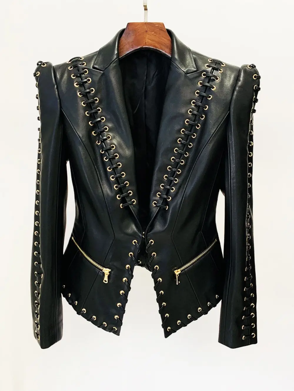 HIGH QUALITY Newest Fashion 2024 Designer Jacket Women\'s Rope Lacing Up Slim Fitting Leather Blazer