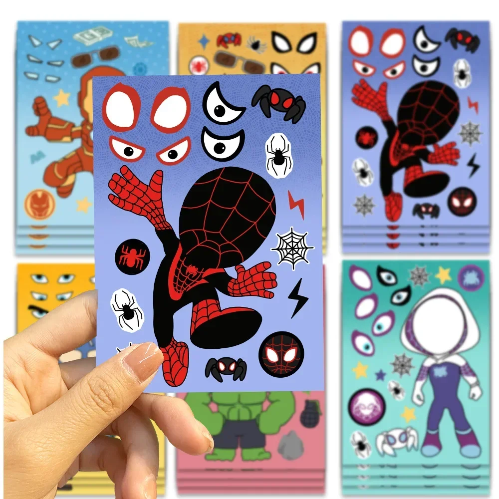 8 Sheets Disney Marvel Spiderman Iron Man Stickers Make a Face Game Sticker Kids Girl DIY Children Assemble Jigsaw Toys