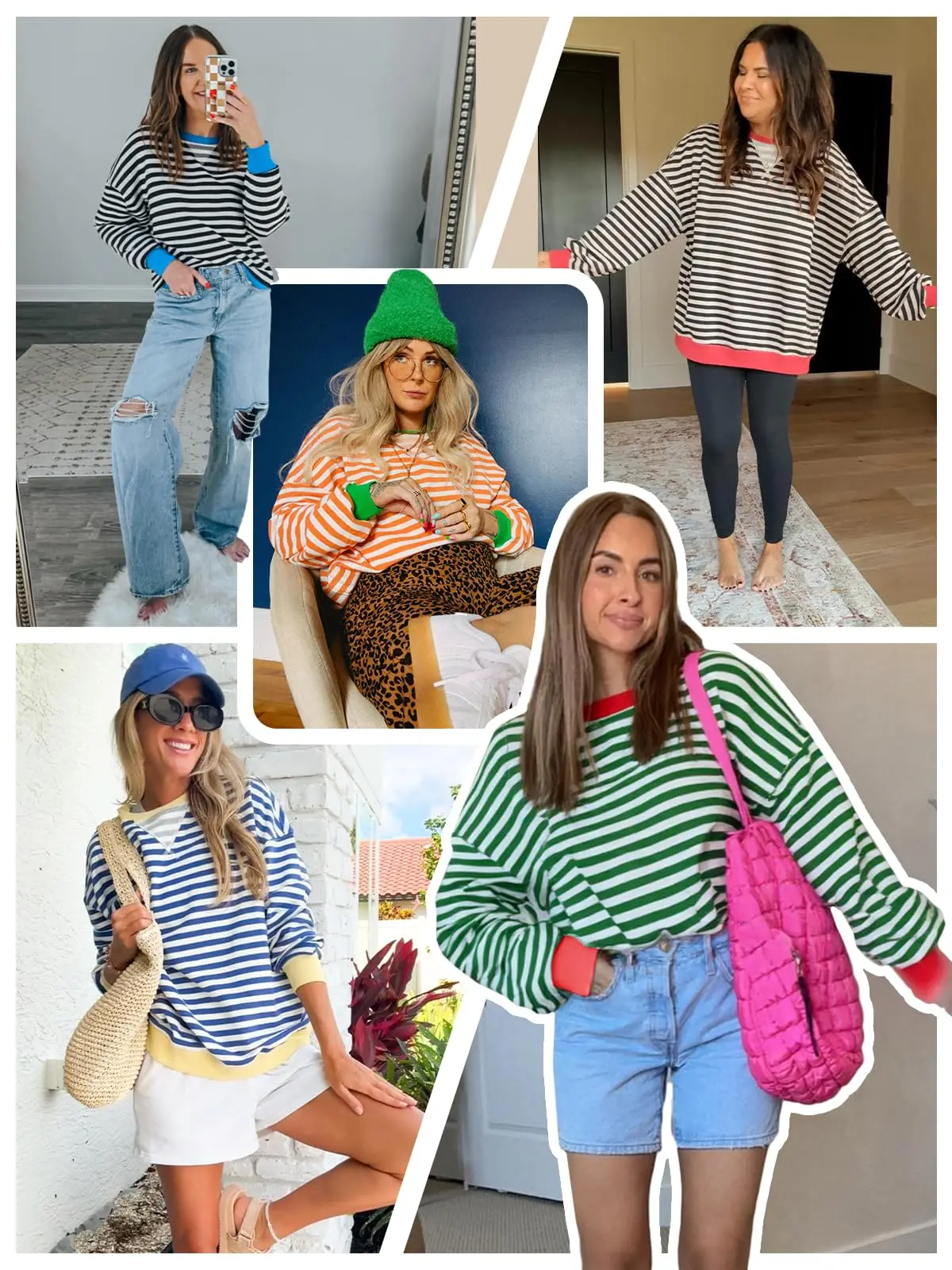 Fisoew Womens Striped Oversized Sweatshirt Color Block Crew Neck Long Sleeve Shirt Casual Loose Pullover Top Y2K Clothes