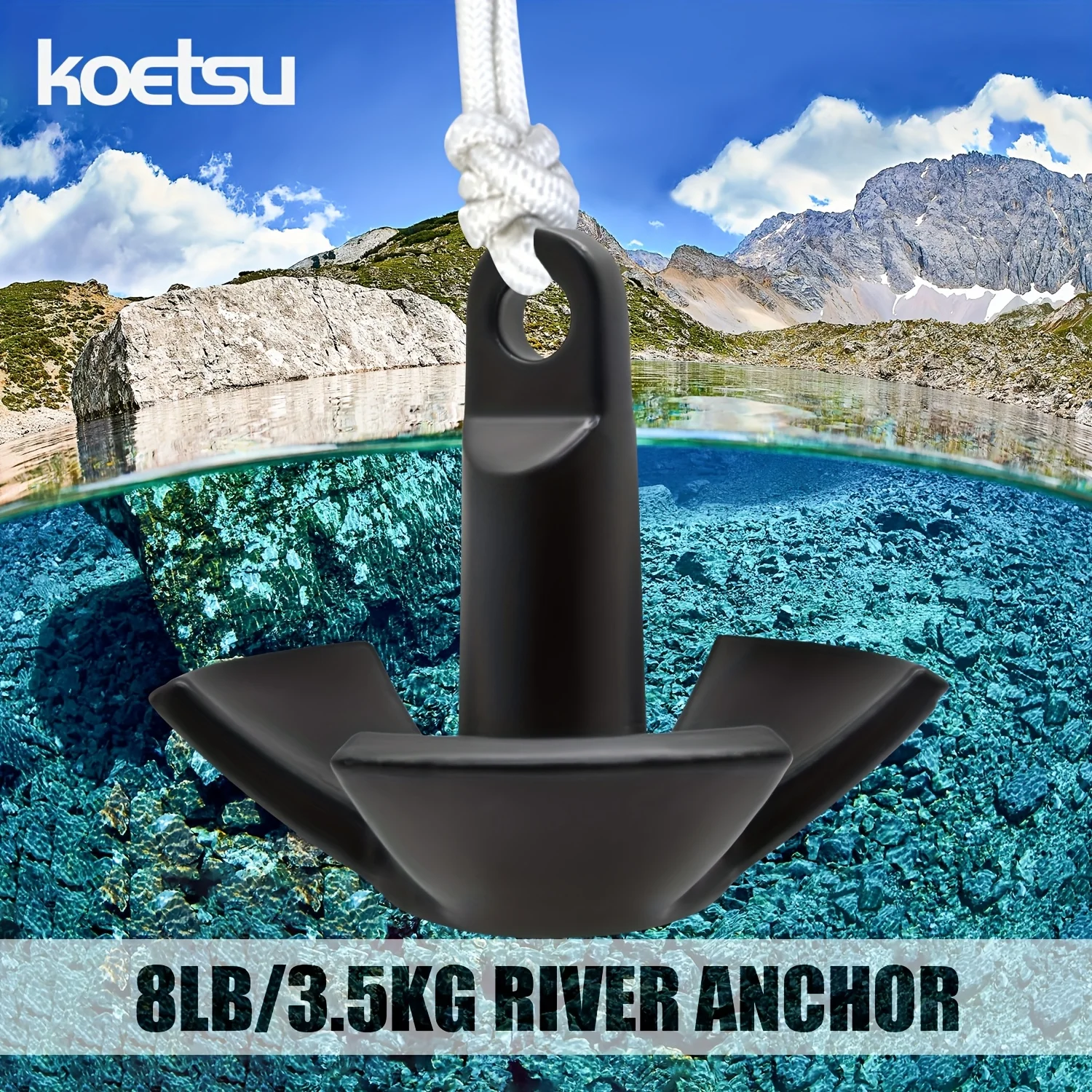 The KOETSU 1-leaf river anchor weighs 8 lbs/3.5 kg and is made of black vinyl-coated cast iron. It can be fixed underwater.