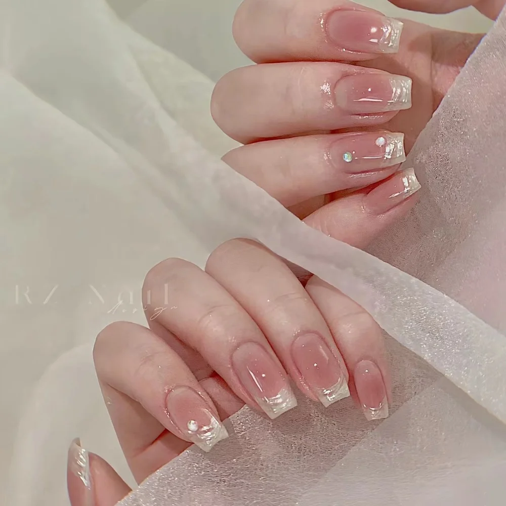 10pcs Short Ballet Handmade Fake Nails Art Aurora Design French Nails Sets Press on Reusable Rhinestones Blush False Nail Tips