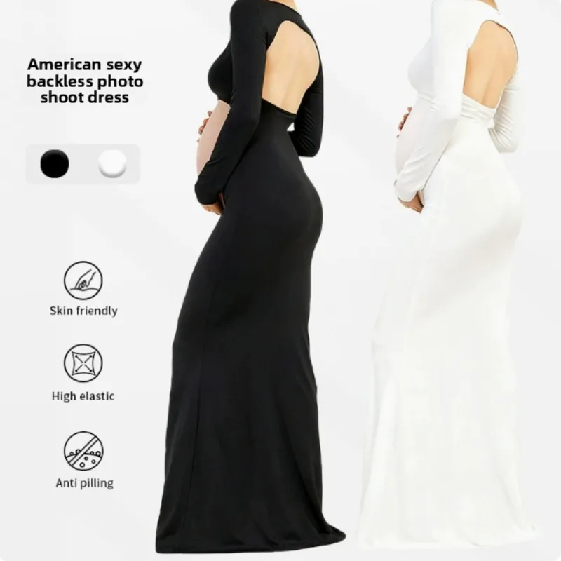 Maternity Photoshoot Long Mermaid Dress, Square Neck Cut Out Belly Open Back Pregnancy Gown, High Elastic Slim Maxi Dress view 6