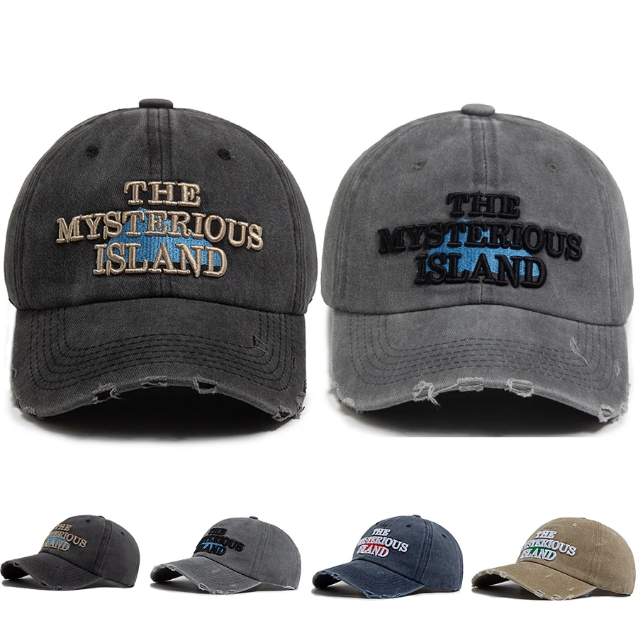 The Mysterious Island Letter Baseball Cap For Men Washed Cotton Vintage Visor Hat Casual Snapback Women Fashion Hip Hop Caps Uni