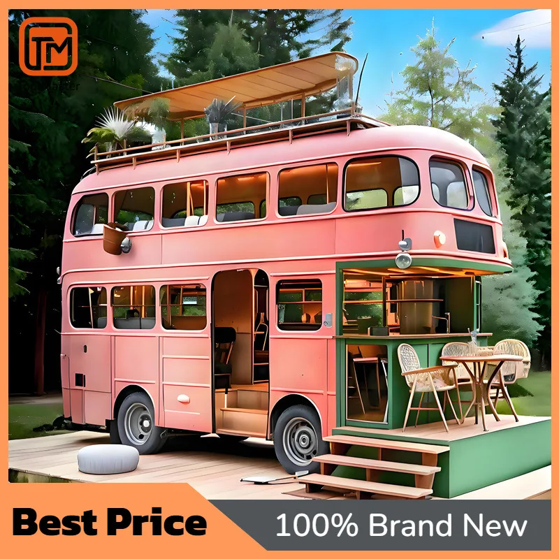 【New Design】Pink Wrought Iron Double Decker Bus Cart, Mobile Milk Tea Coffee Stall For Night Market Attraction