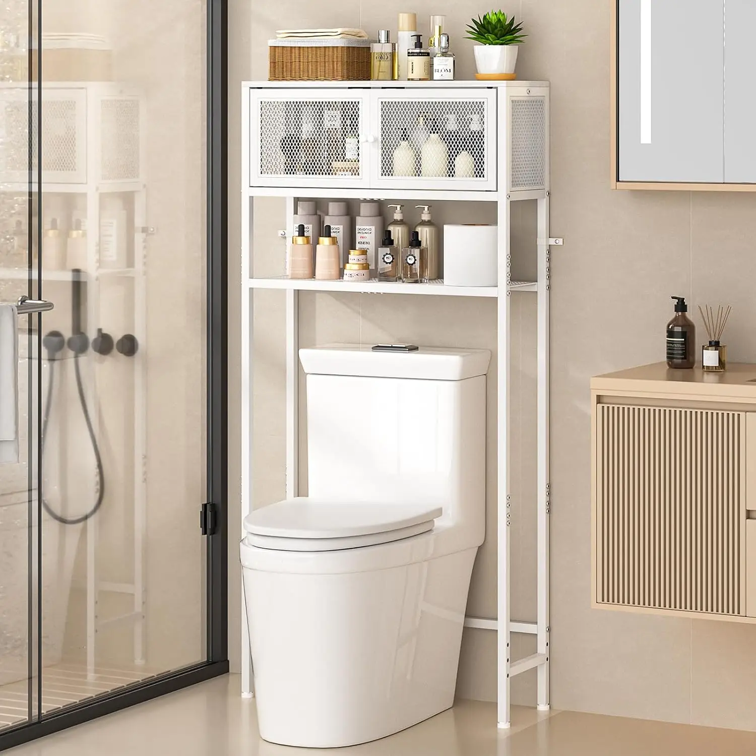 Over the Toilet Storage Cabinet with Doors, Bathroom Organizer Shelf Above Toilet, Bathroom Storage Cabinet Over Toilet, Freestanding Space Saver Metal Shelves for Small Space, White