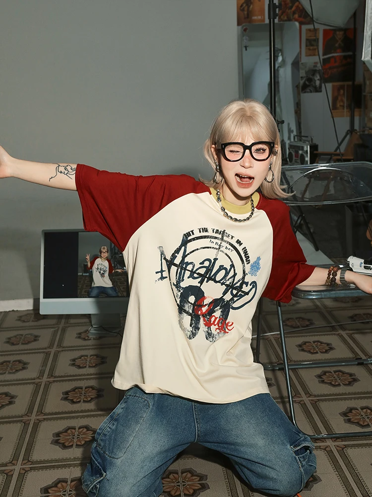 LeBouji American Retro Cool Sweet Spor ort Sve Women's T-irt Summer 2025 New Loose Fit Cotton round Ne Top