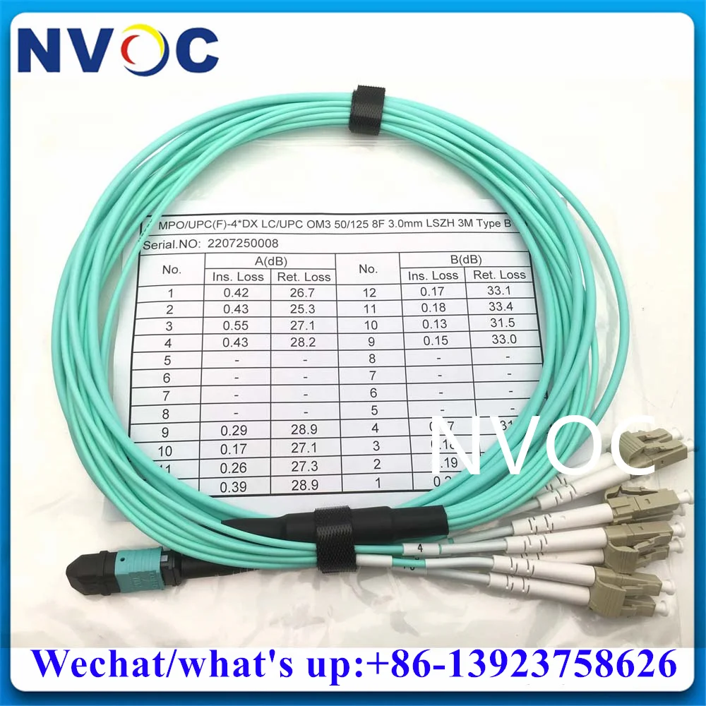 2Pcs MPO/UPC Female-4*Duplex LC/UPC MM OM3-150,8F Mini Round LSZH Aqua Cable Fiber Optical Patch Cord,2.0mm Fan-out Connector