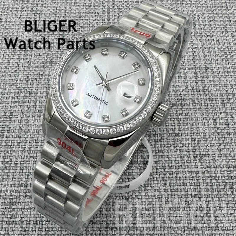 BLIGER 여성용 기계식 시계 31mm 다이아몬드 시계 케이스 인덱스 핑크 쉘 다이얼 사파이어 NH05 무브먼트 100m 방수