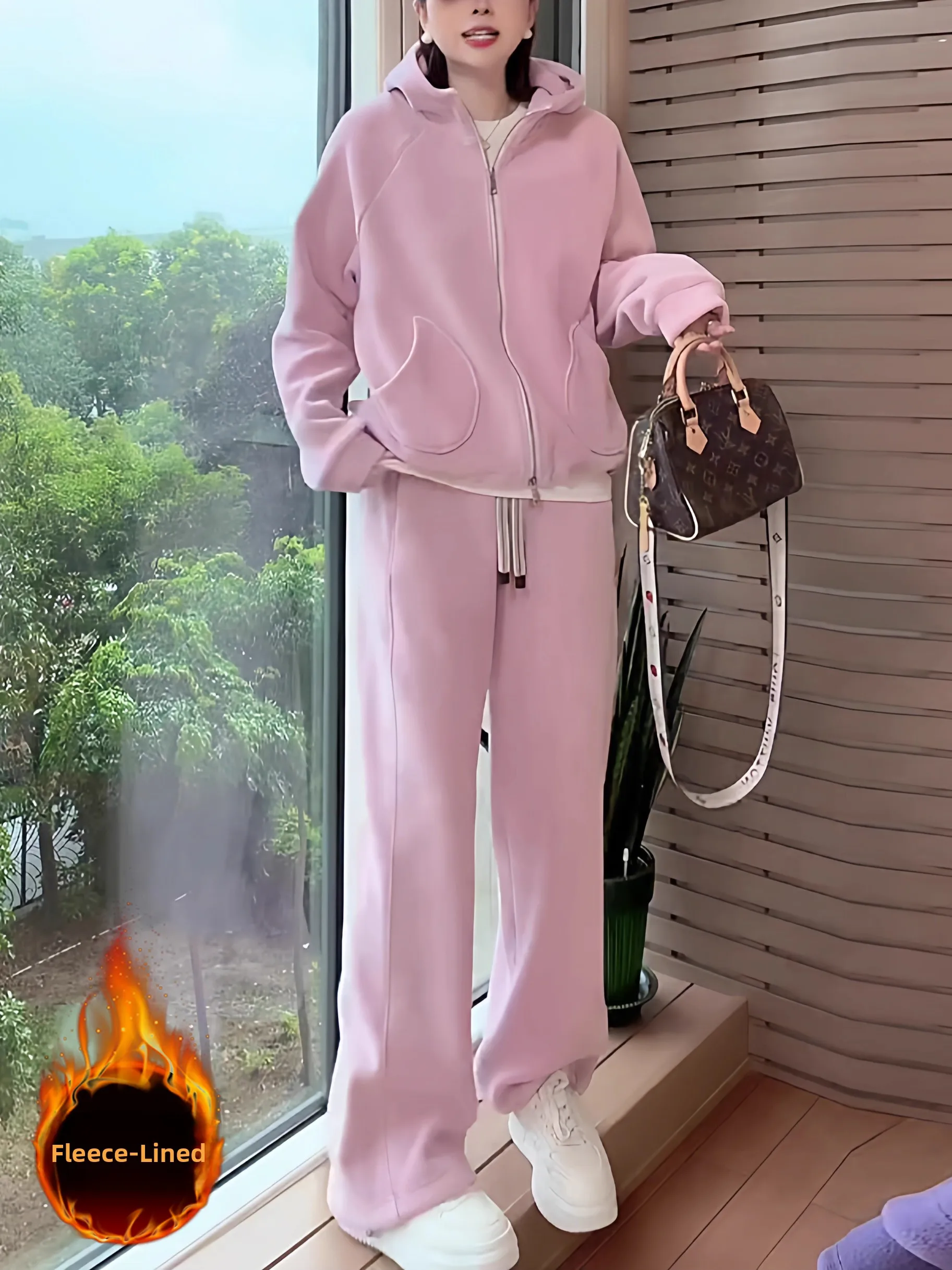 

Pink Fleece Lined Casual Sportswear Set Women's Winter Fashion Age-Defying Outerwear Top Wide Leg Pants Two-Piece Set