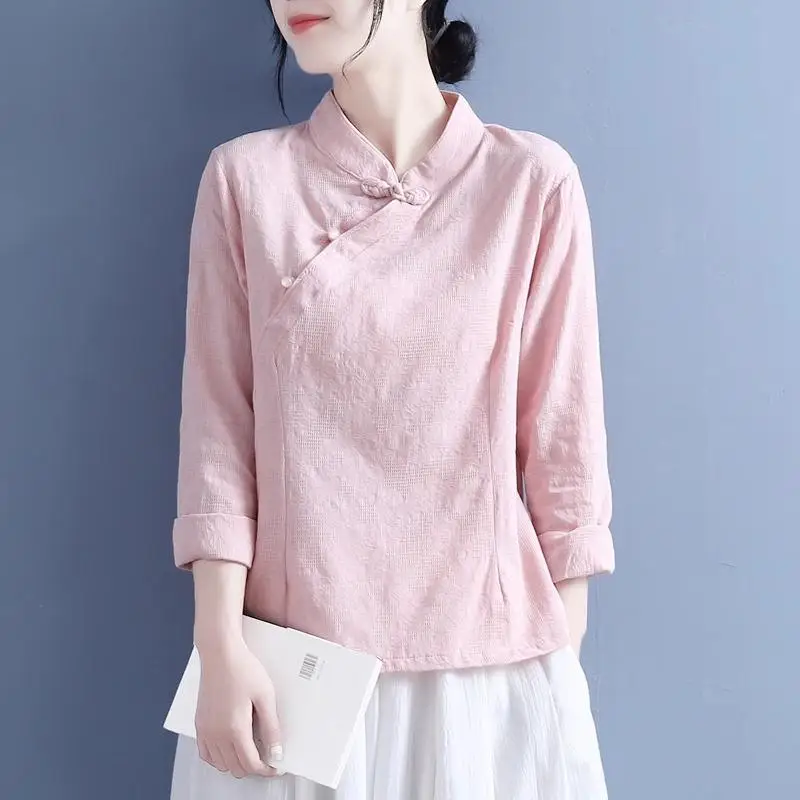 

Retro Chinese Cotton Linen irt Stand Collar Long Sve Women Spring Autumn New Sle Artistic Vintage Button Embroidered Top