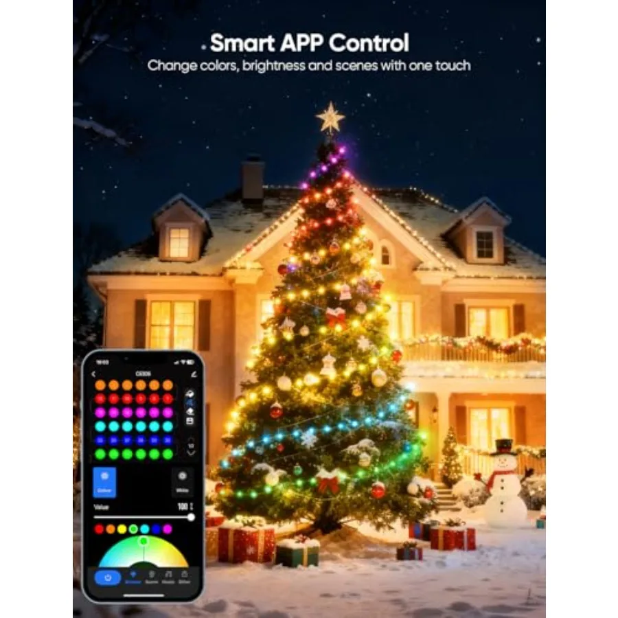 Christmas String Lights66 Feet 200 LED Outdoor String Lights 111 Scene Modes Smart RGBW Color Changing Fairy Lights with App Co