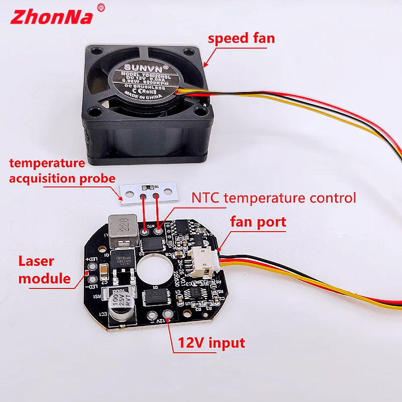 

Blue Laser Conversion White Light Module, LD Driver Board with NTC Temp Control, 1A-3.5A Current, 12V Input, Includes Fan