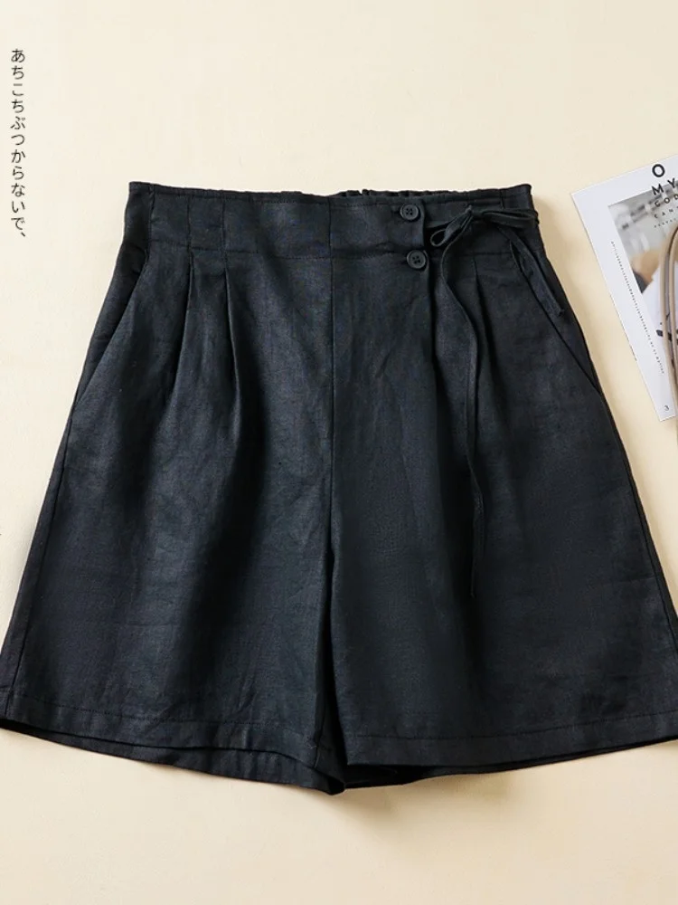 ارتفاع الخصر القطن الكتان مستقيم الساق ort السراويل النسائية Faion عادية مكافحة الشيخوخة خمسة أجزاء الأزرق الخصر تصميم orts