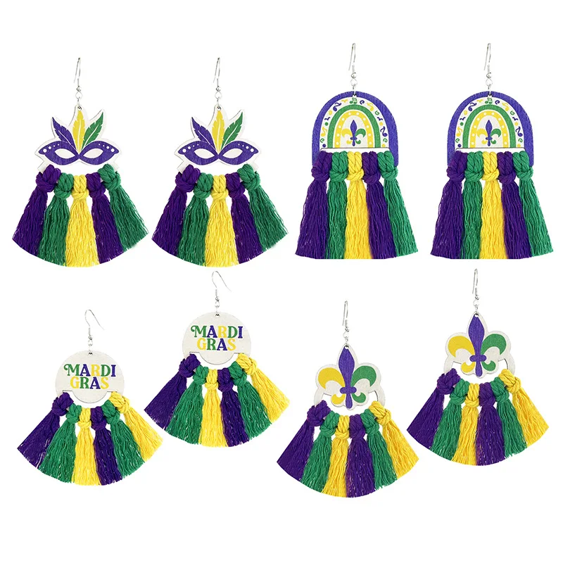 

4 Pair - Mixes Mardi Gras Earrings Set for Women Mardi Gras Hoop Tassel Dangle Earrings Pack Parade Carnival Jewelry Set Gifts