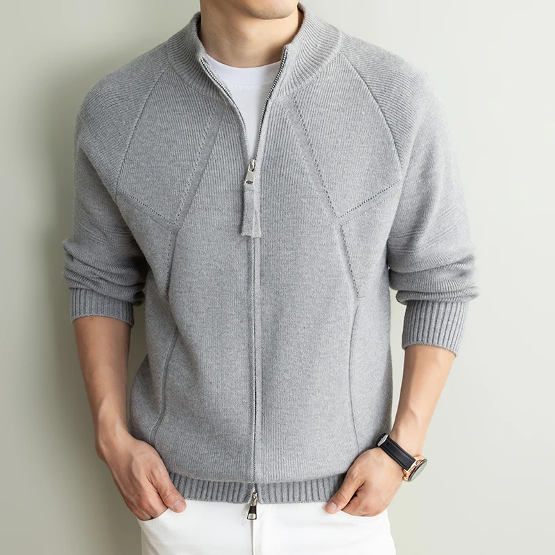 Fashion knitted stand collar men's cardigan winter high-end thicken warm solid color comfort casual double zipper sweater coat