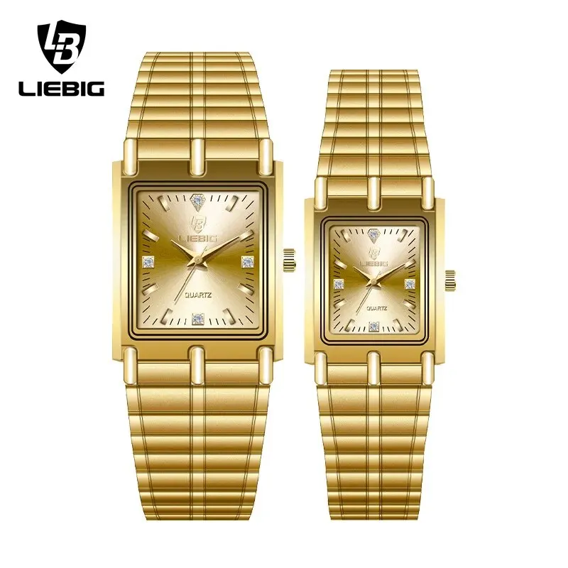 LIEBIG-Relógios de luxo em aço inoxidável para homens e mulheres, relógios de pulso dourados para homens e senhoras, pulseira elegante