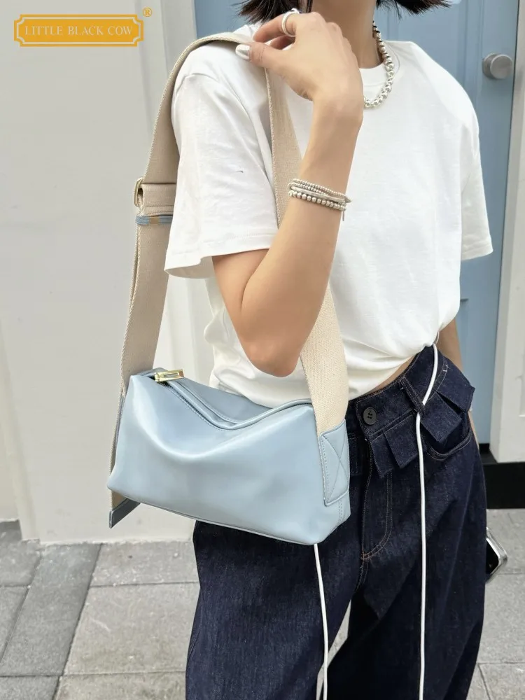 

Office Vintage Ladies Softshell Cowhide Comfortable Wide Strap Colors Panelled Shoulder Designer Genuine Leather Crossbody Bags