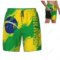 Brazil Flag Color 3D Mens Swimming Beach Surfing Pants Swim Shorts Trunks Compression Liner 2 in 1 Quick-Dry