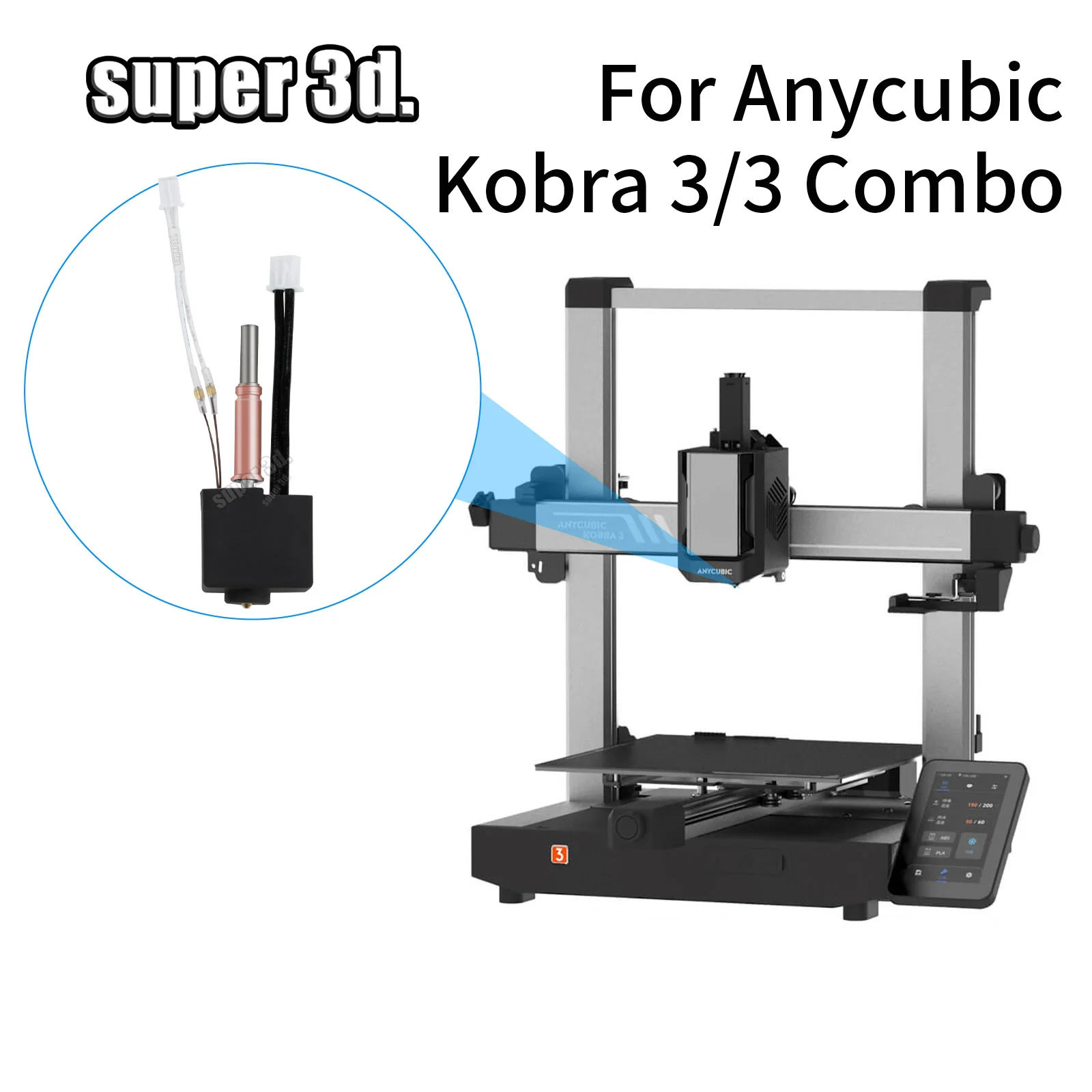 2024 Anycubic Kobra 3 Hotend Thermistor Throat Nozzle PEO PET Kobra 3 3D Printer Parts Upgrade Kit 0.4 0.6 0.8MM Brass Nozzles