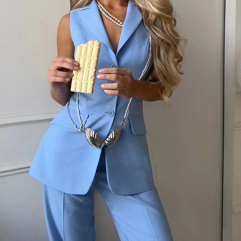 

Fashion Lapel Sleeveless Tank Tops And Pants Suits Sets Elegant Lady Solid Color Slim Commute Outfits Summer Casual Women's Sets