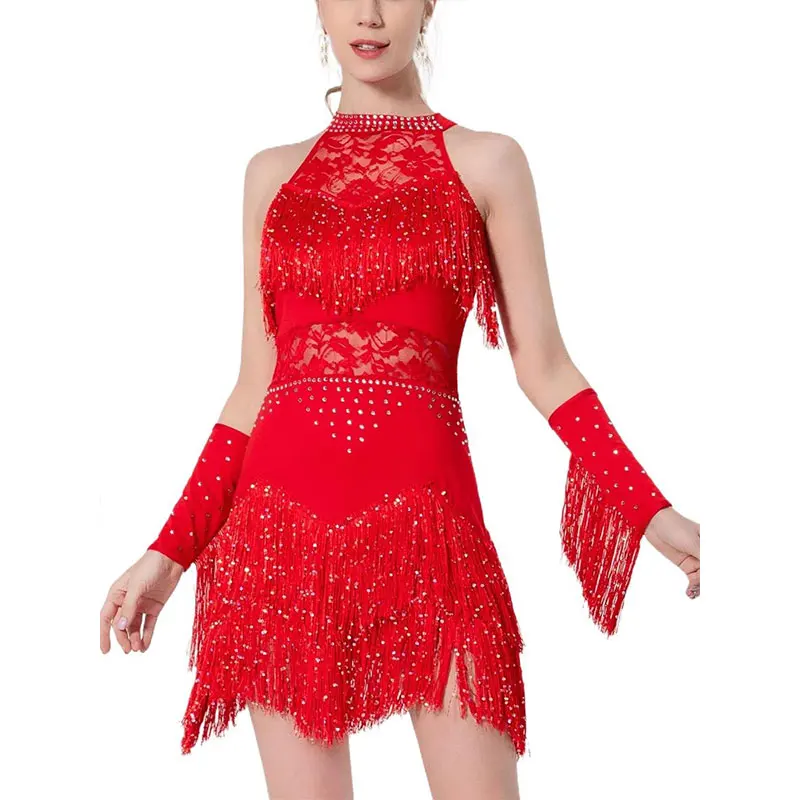 Women Rhinestone Lace Latin Dress Fringe Skirt Ballroom Salsa Samba Rumba Cha Cha Dancewear Party Stage Clothes Suit and Armband