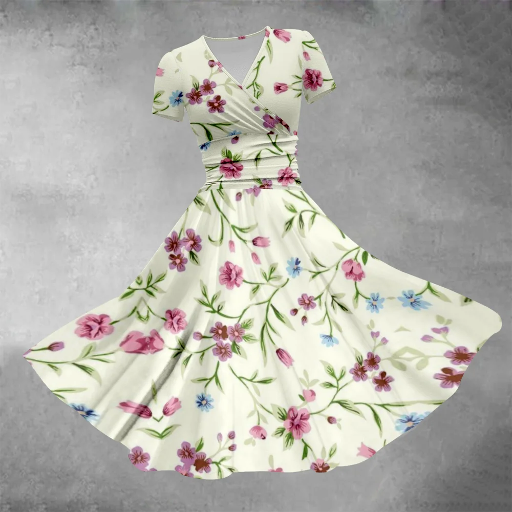 Women Little Field Floral Pattern Full Print Casual Skirts Waist Short Sleeve Dresses Party Club Dress