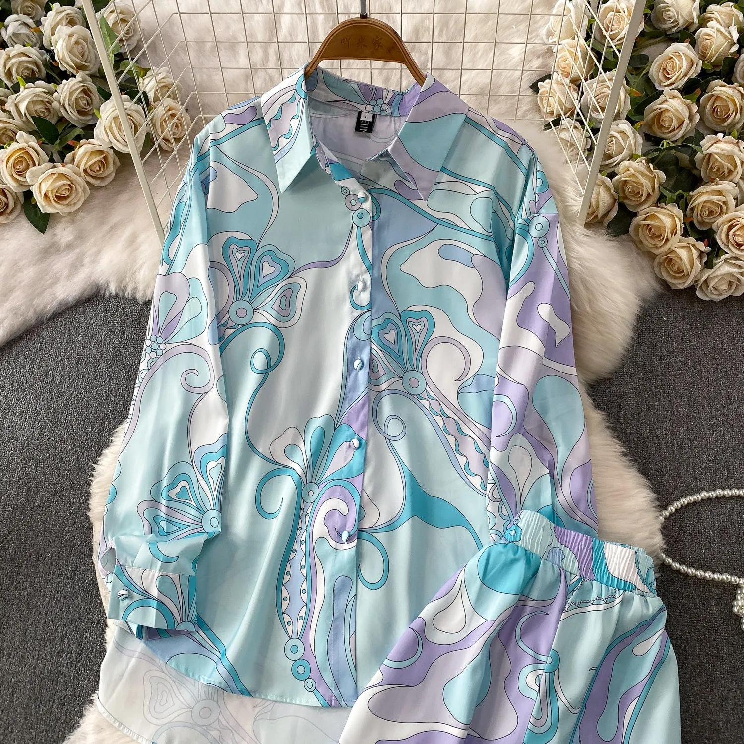 Geometric Pattern Women's Two-piece Set Autumn French Style Single Breasted Loose Shirt Elastic Waist High Waist Wide Leg Pants