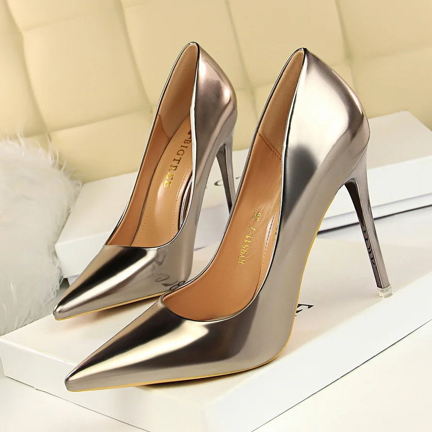 

New Fashion Metal Women's High Heel Shallow Mouth Pointy Sexy Nightclub Slimming Single Ladies Wedding Shoes Pumps туфли женские