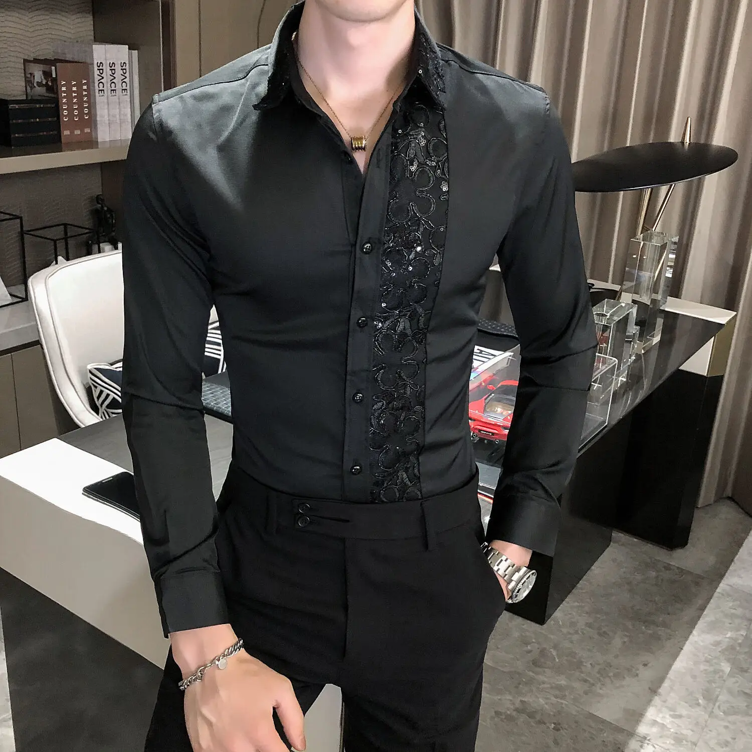 Sequin Wedding Dress Shirt Korean Men Clothes 4xl Black White Mens Lace Shirt Long Sleeve Slim Fit Social Dress Shirt