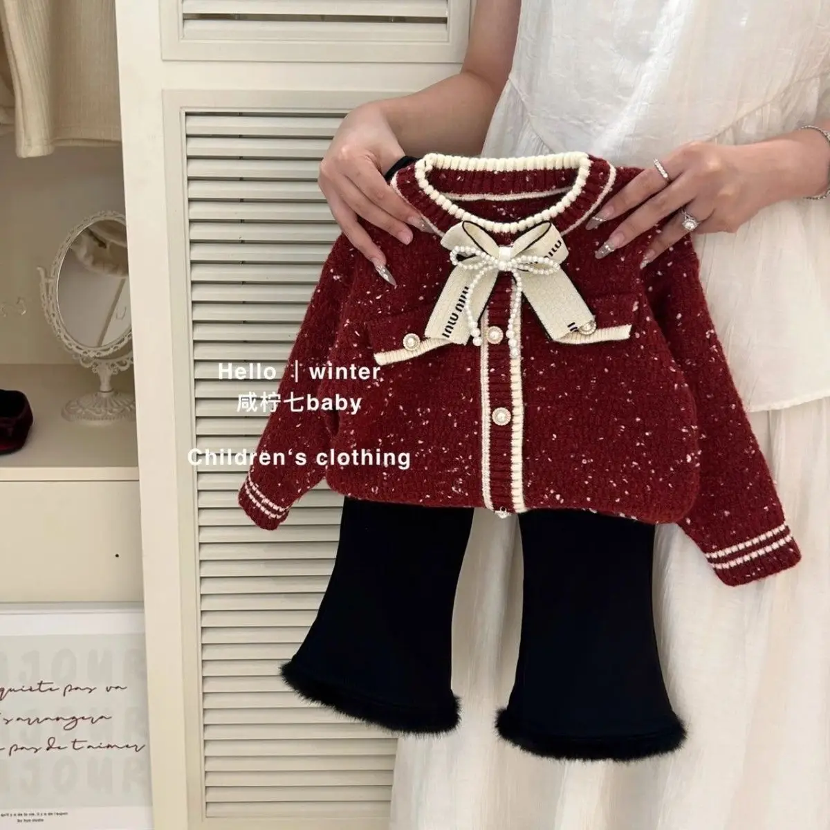 Children Elegance Tops Clothing Autumn Winter Girls Clothes Set Fashion Bow Coat Red Jacket Sweater+Flare Pants 2Pcs Suits Kids