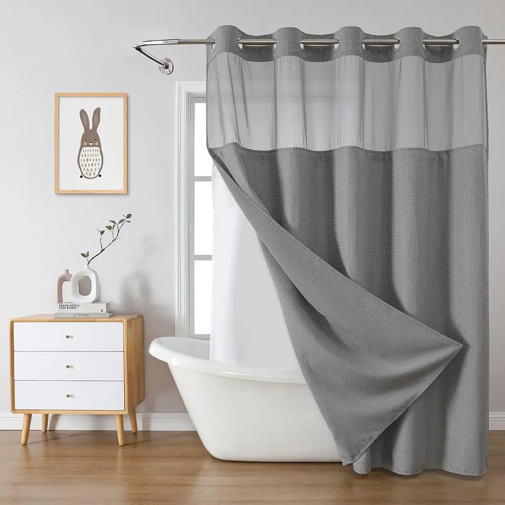 

Grey No Hook Wale Weave Shower Curtain with snap-in Liner Replacement, 230GSM Waterproo abric Hotel Shower Curtain Set or Bathro