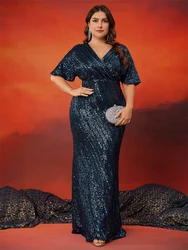 XUIBOL Plus Size Elegant V-Neck Sequin Evening Dresses Women Short Sleeve Luxury Party Dress Floor Lenght Cocktail Gown