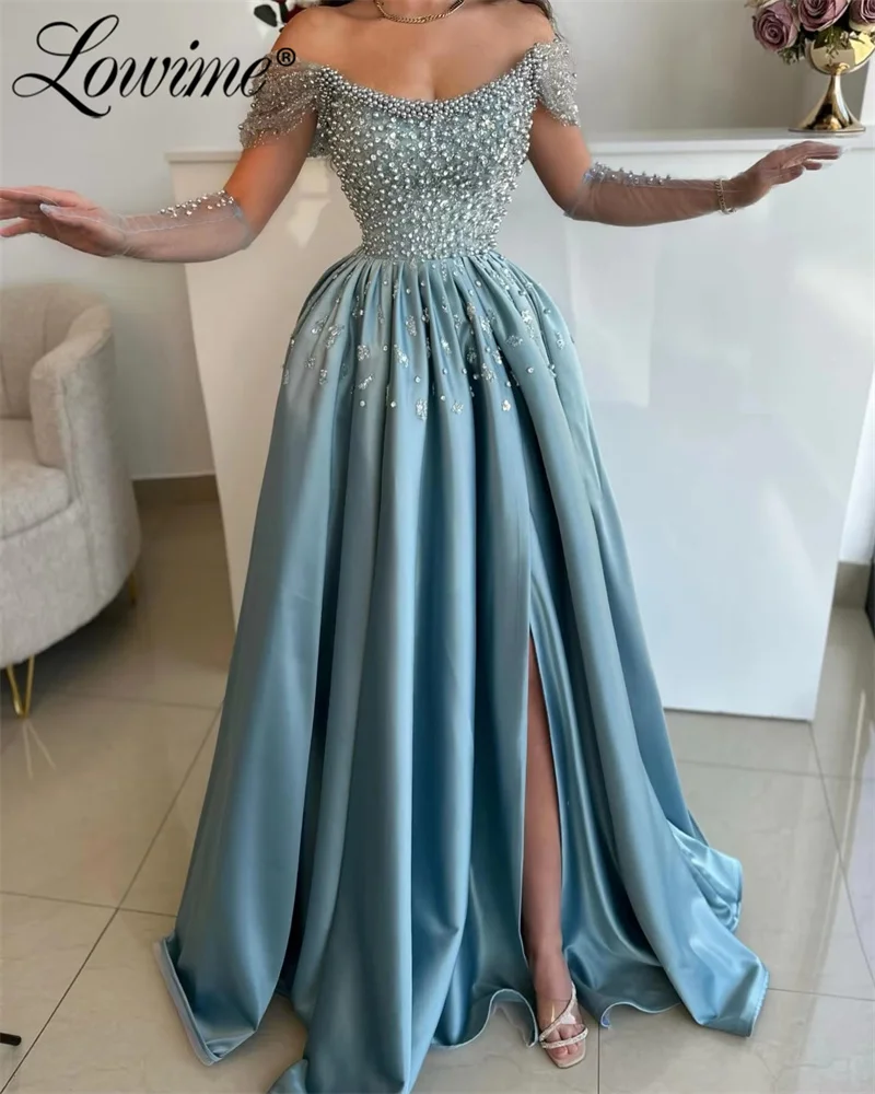 Royal Blue Beaded Aso Ebi Crystals Puffy Prom Dresses Satin Evening Party Second Reception Birthday Engagement Gowns With Split