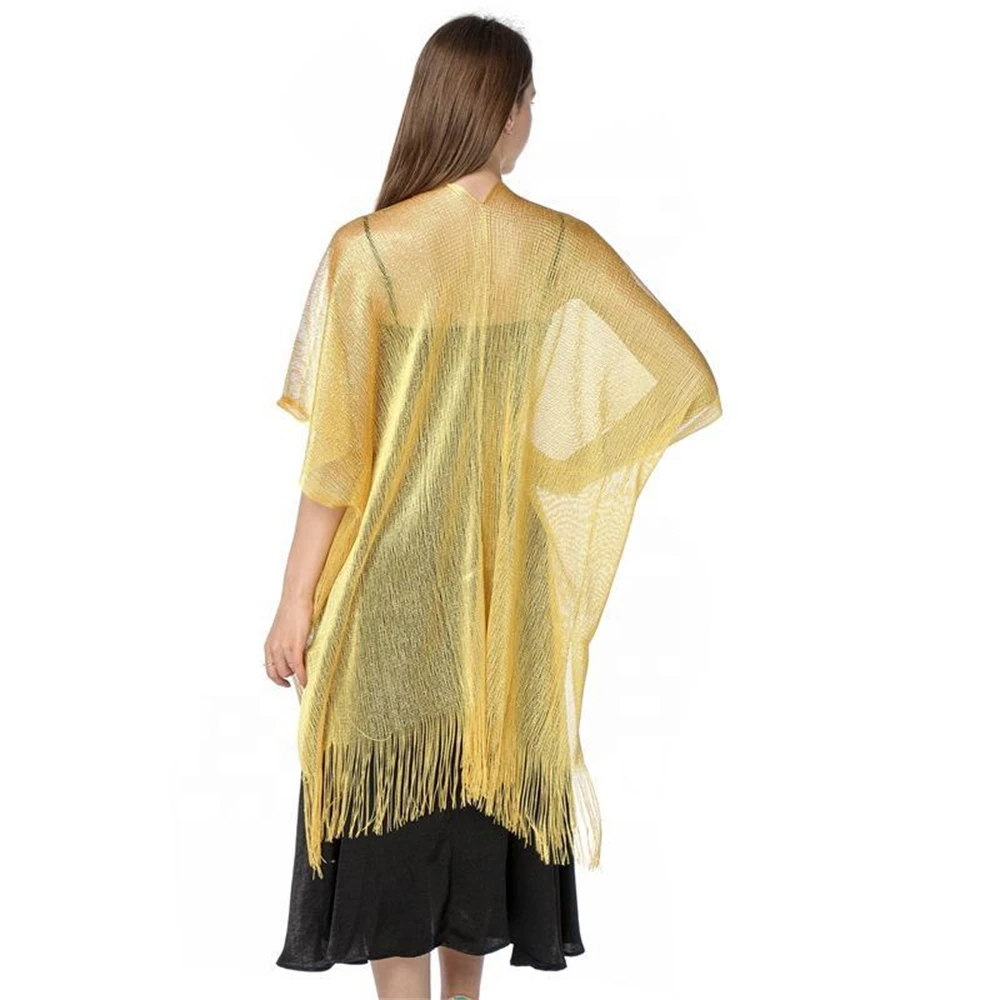 Shimmer Metallic Fringe Shawl Sheer Knit Open Front Beach Cover-Up Summer Sun Protection Tassel Scarf Wrap Evening Party Wedding