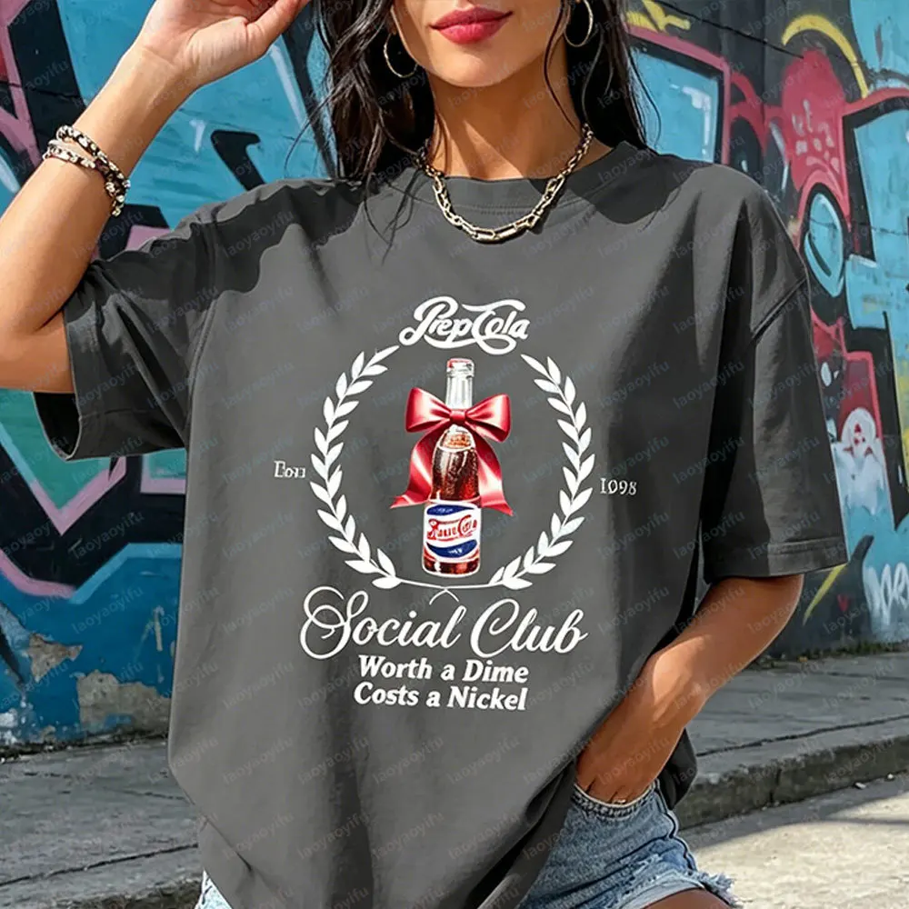 T-shirt en coton Pepsi Social Club, motif canette de soda vintage avec nœud, t-shirt amusant pour les amateurs de soda en bouteille glacée, manches courtes