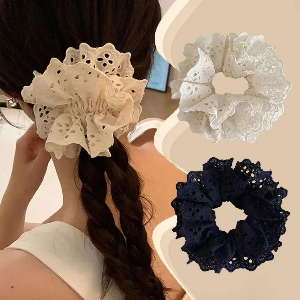 2PCS Handmade Hollow Lace Hair Scrunchies Elastic Hair Ties Women Girls Big Hair Bands Ponytail Holder Hair Rubber Bands