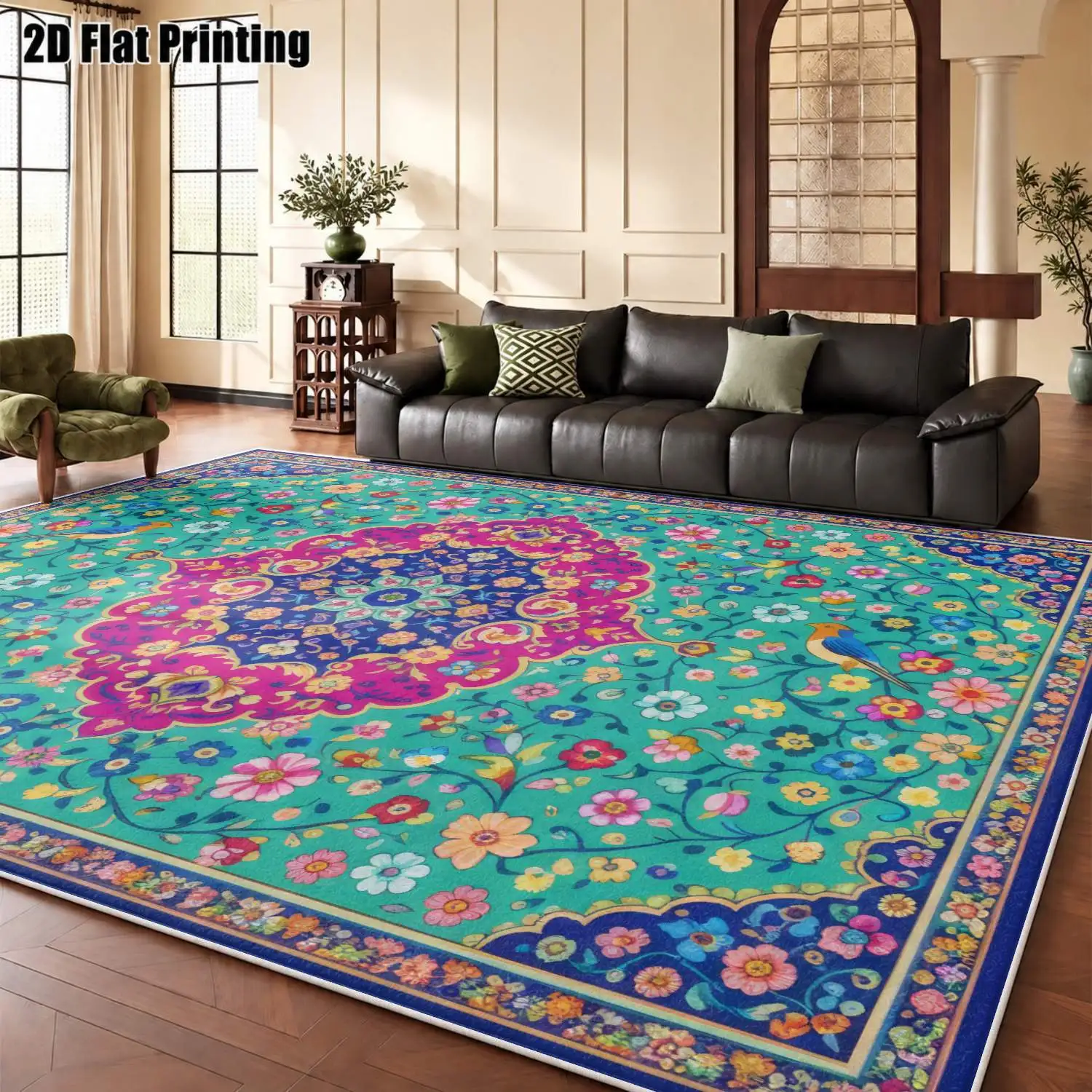 1Pc 2D Printed Velvet Carpet, Blue Base Pink Flower, Euro/Boho/Vintage/Geometric Style, Multi-Size Washable, for Home Decor Multi-Scene Use