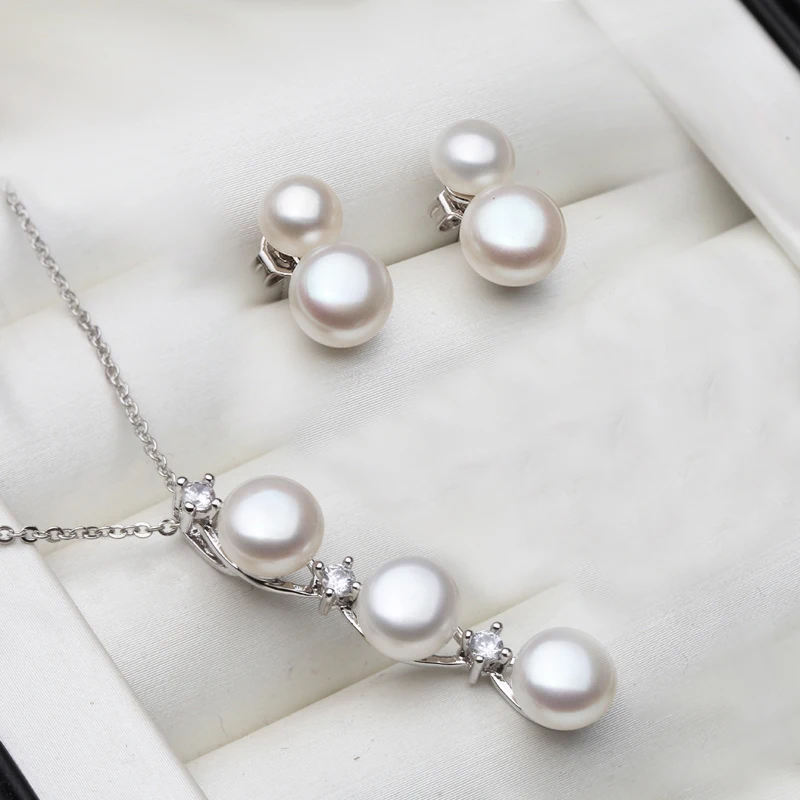 Echtes Naturperlen-Halsketten- und Ohrring-Set für Damen, luxuriöses Perlen-Schmuckset aus 925er Silber, Geschenk für Ehefrau, Mutter, Geburtstag, Weiß, Schwarz – Detail 3