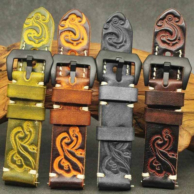 الجلود حزام الساعات لبانيراي 18 مللي متر 20 مللي متر 22 مللي متر 24 مللي متر خمر نحت الرجال حزام ساعة اليد اليدوية مخيط تنقش الأسود اكسسوارات #6