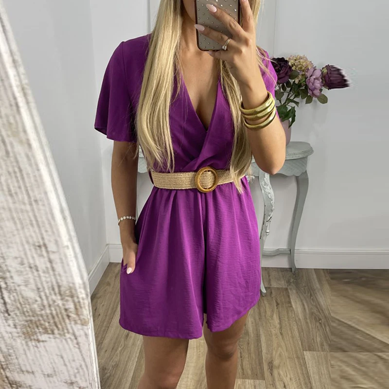 

Fashion Solid V-Neck Beach Romper Women Elegant Short Sleeve Belt Waist Playsuits Office Lady New Casual Shorts Jumpsuit Pockets