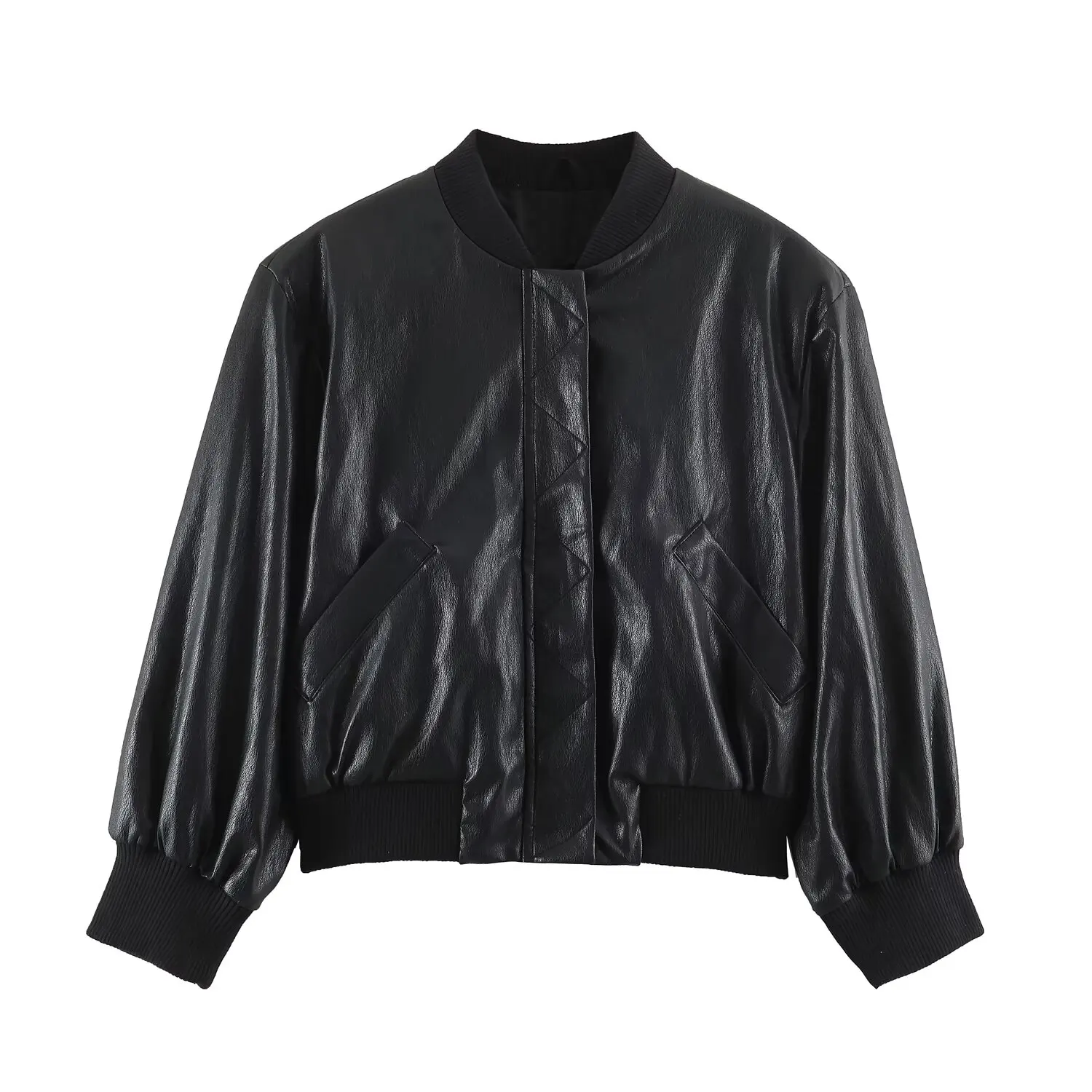 KASLEAD New Women's Leather Effect Padded Shoulder Pilot Jacket Coat Short Sleeve Zipper Closure Polyester Fiber 2026 Autumn 5