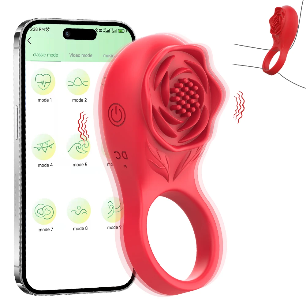 Clitoral Stimulator Vibrator Massager Sex Toy Vibrating Ring Rose Cock Ring with APP Controlled Bluetooth Wireless Penis Ring view 3